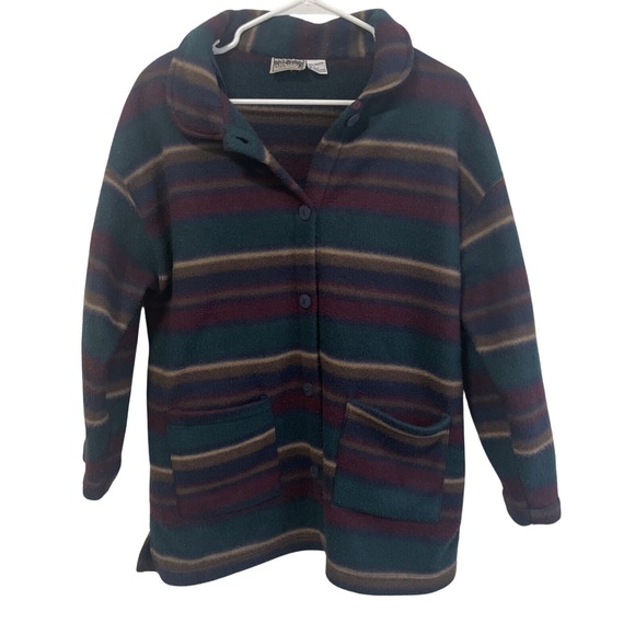 Open Trails Fleece Jacket Striped Button Front Cozy Warm‎ Coat L - Picture 1 of 8